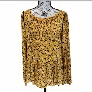NWT Maeve by Anthropologie M Blouse Long Sleeve Camel Black Cream Flowers